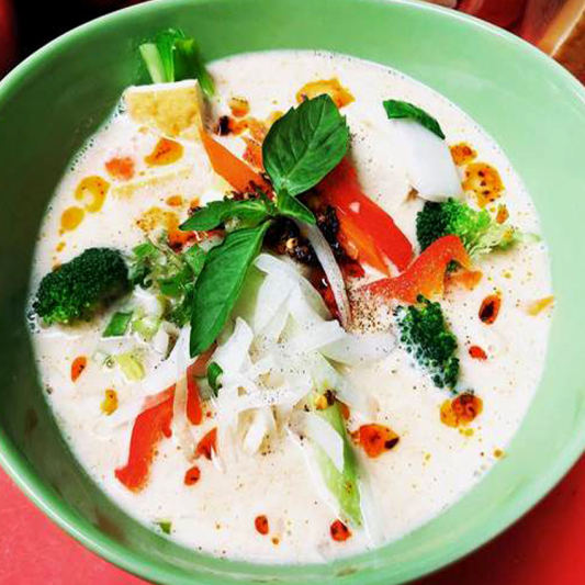 Coconut Hot and Sour Veggie Tofu Noodle Soup