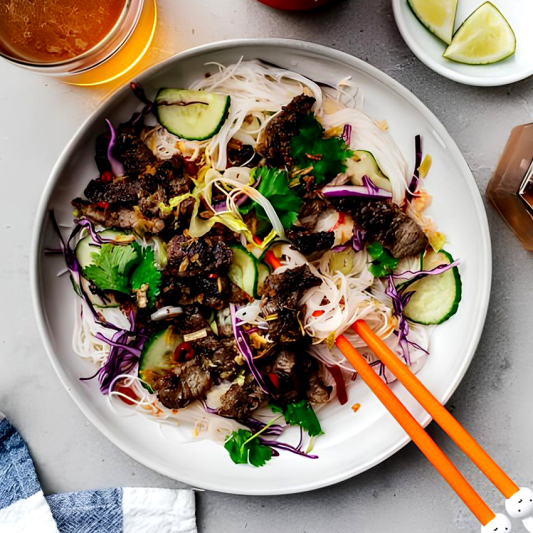 Halal-Certified Fried Lemongrass Beef on Vermicelli Noodles