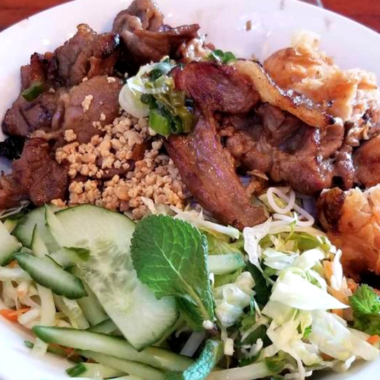 Grilled Pork and Spring Rolls on Vermicelli (Peanuts!)