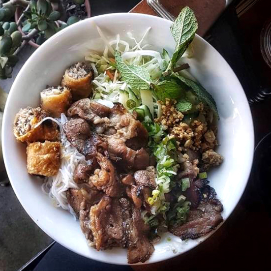 Grilled Beef and Spring Rolls on Vermicelli (Peanuts!)