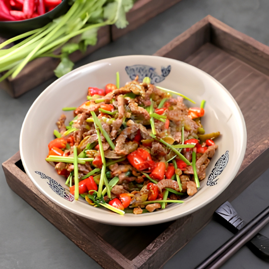 Stir-Fried Beef with Wild Pepper and Coriander 野山椒莴苣爆牛肉
