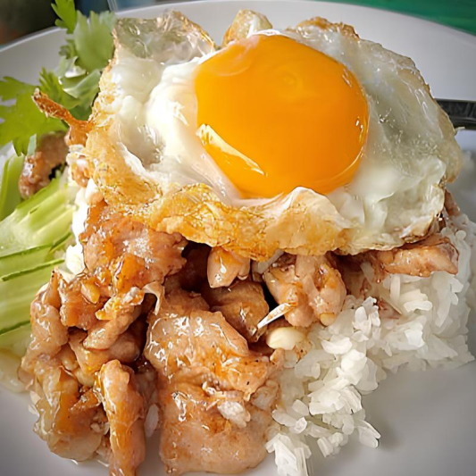 Thai Garlic Pork with Egg and Rice 