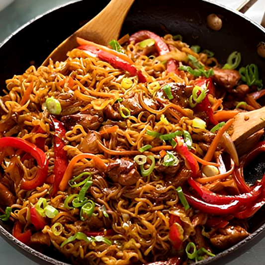 Stir Fried Instant Noodle with Shredded Chicken & Ham 烧汁火腿鸡丝炒一丁