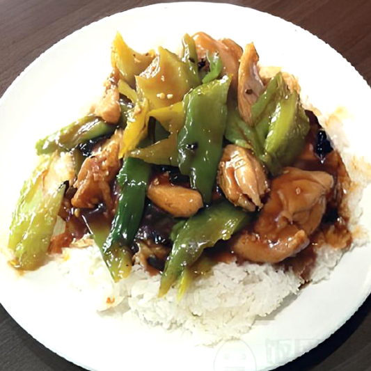 Chicken with Bitter Melon in Black Bean Sauce on Rice 凉瓜鸡片饭