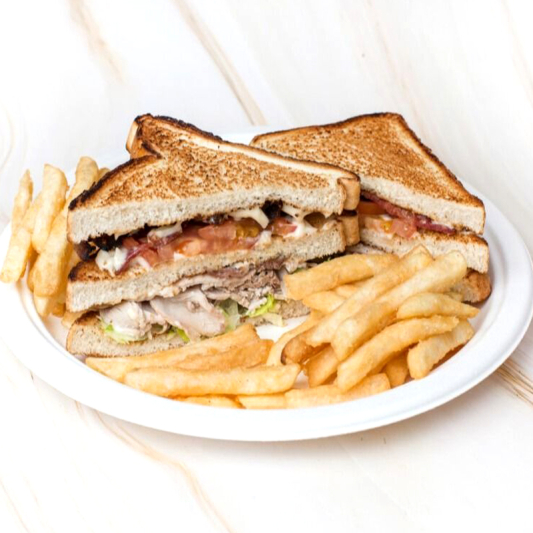 Turkey and Donair Clubhouse Sandwich with Fries