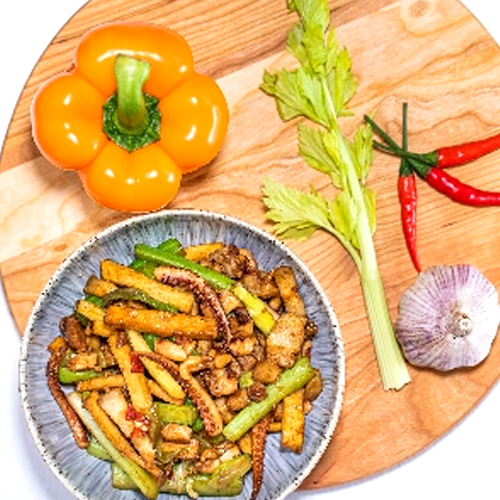 Squid, Dried Bean Curd and Pork Belly Stir-Fry