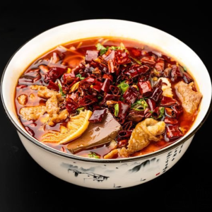 71. Mini Hot Pot with Pork Blood, Pork Intestines, Strips & Vegetables 毛血旺