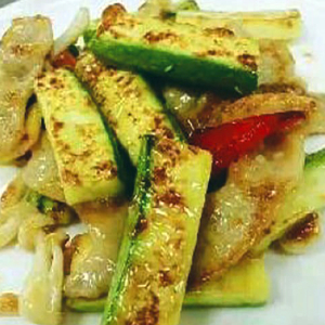 B8. Stir-Fried Fish Cake with Chrysanthemum Mushrooms and Bitter Melon 茶花菇勝瓜炒魚餅 