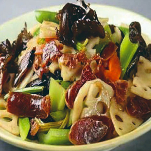 A13. Stir-Fried Cured Meat with Cloud Ear Fungus and Lotus Root 臘味雲耳蓮藕小炒