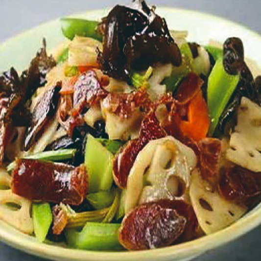 A13. Stir-Fried Cured Meat with Cloud Ear Fungus and Lotus Root 臘味雲耳蓮藕小炒