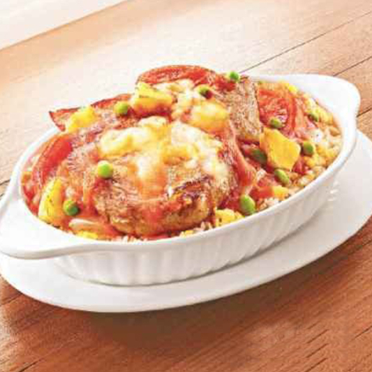 R9. Baked Mixed Steaks over Rice