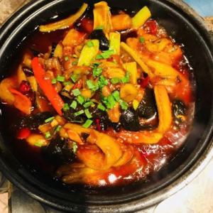 76. Scallops & Egg Tofu with Eggplant in Chilli Garlic Hot Pot