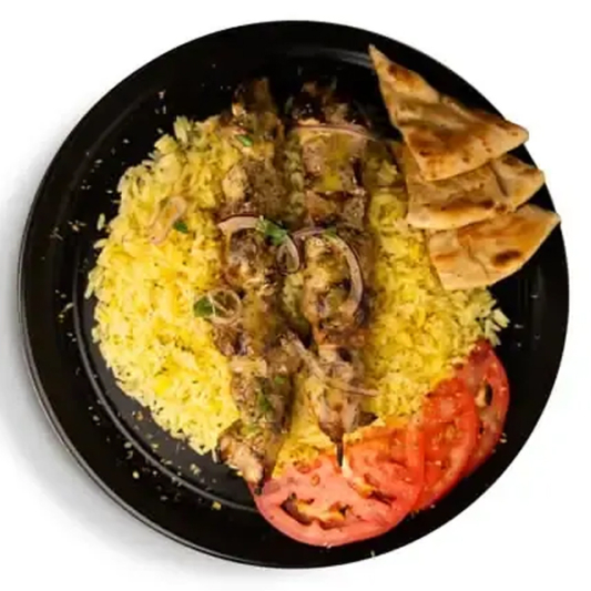 2 Pork Skewers with Rice, Tzatziki & Pita Bread