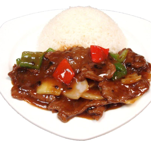 279. Beef with Black Bean Sauce on Rice 豉椒雞片或牛肉飯