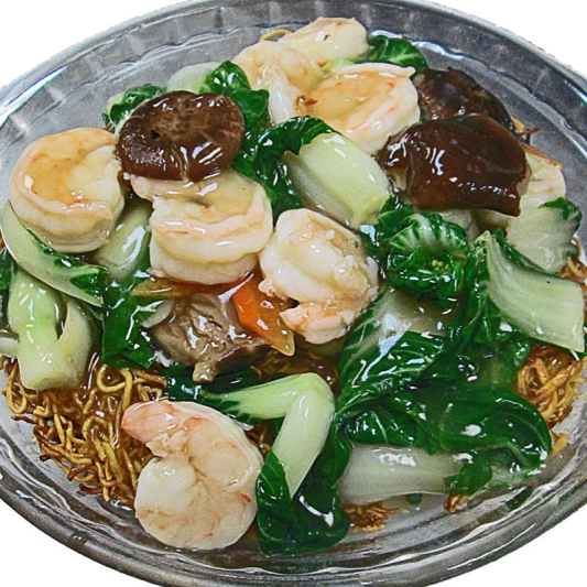 295. Jumbo Shrimp with Fried Crispy Egg Noodles 蝦球炒麵