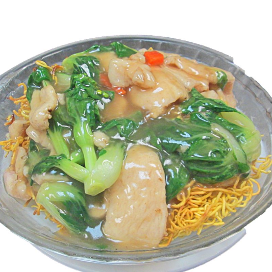 299. Vegetables with Chicken & Fried Crispy Egg Noodles 時菜雞或牛肉炒麵