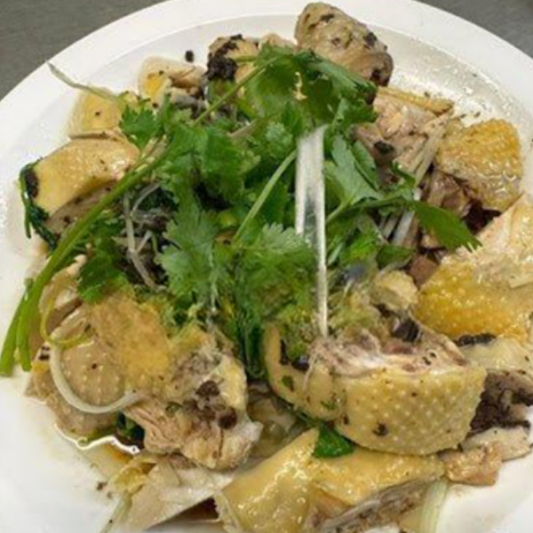 29. Steamed Chicken with Truffle Sauce, Ginger Green Onion & Cilantro