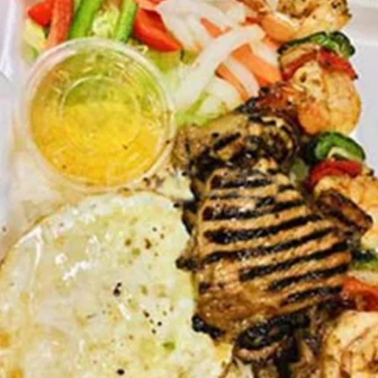 Grilled Pork Chop and Shrimps with Egg Cake