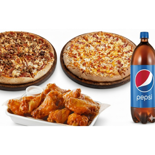 2 Medium Pizzas, 10 Chicken Wings, One 2 L Pop