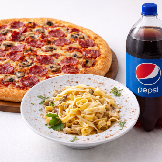 1 Medium Pizza, 1 Pasta, One 2 L Pop
