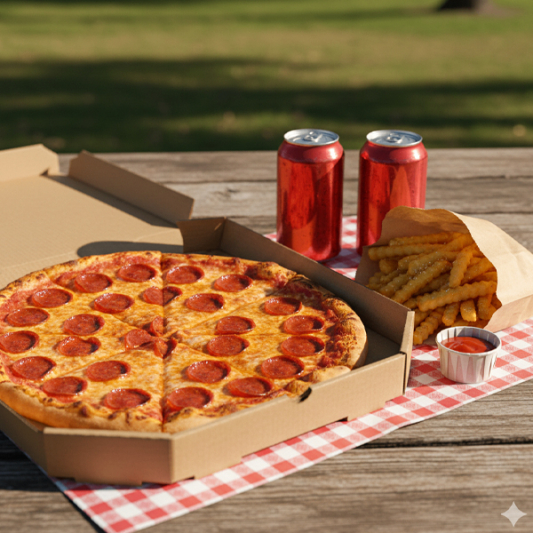 1 Large Pizza, 2 Can of Pop and Fries