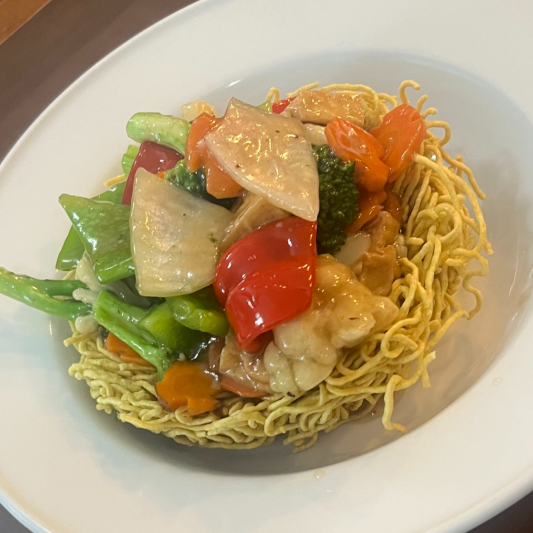 63. Stir-Fried Tofu & Mixed Vegetables on Egg Noodles