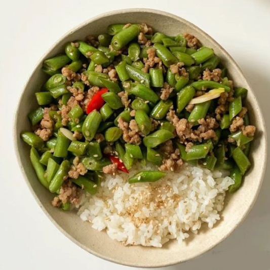 Stir-Fried Green Bean with Pork on Rice with Egg
