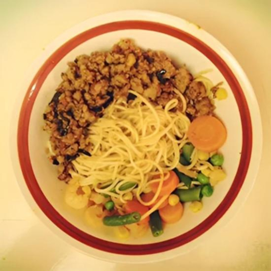 Homemade Noodles Mixed with Minced Meat Sauce