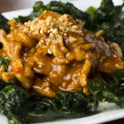 48. Sliced Chicken in a Spicy Peanut Butter Sauce with Crispy Spinach /  Poulet dans une sauce aux arachides &eacute;pic&eacute;es avec &eacute;pinards croustillants 