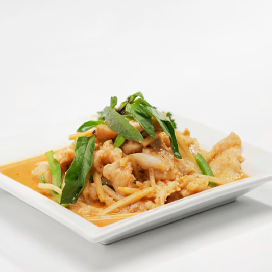 54. Sauteed Chicken in Red Curry with Coconut Milk & Basil Leaves / Poulet saut&eacute; au cari rouge avec lait de coco et feuilles de basilic