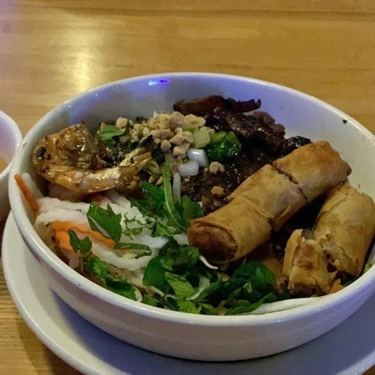 Vermicelli with Grilled Pork & Crispy Spring Rolls