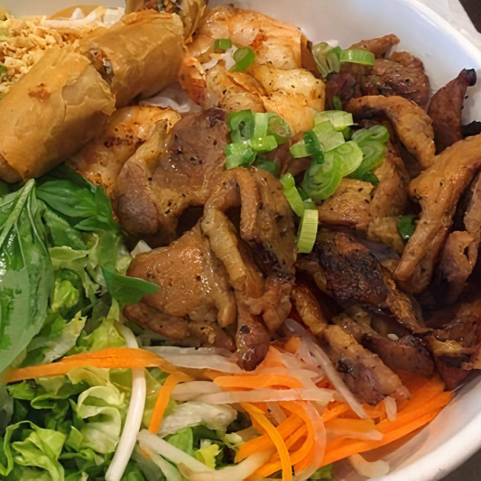 Vermicelli with Grilled Shrimp, Pork & Spring Rolls