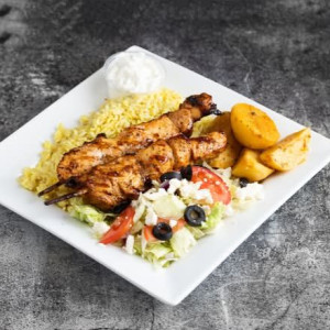 Souvlaki Rice Platter with Greek Salad & Roast Potatoes