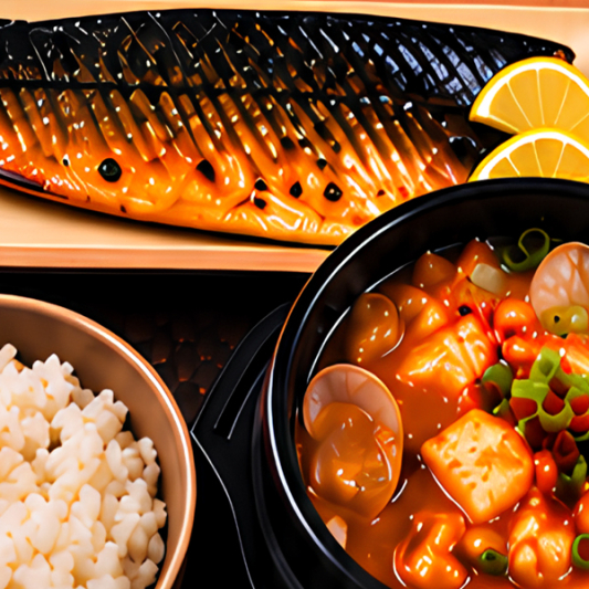 Seafood Soybean Paste Stew + Grilled Mackerel + Barley Rice / 고등어구이+ 해물된장찌개 + 보리밥