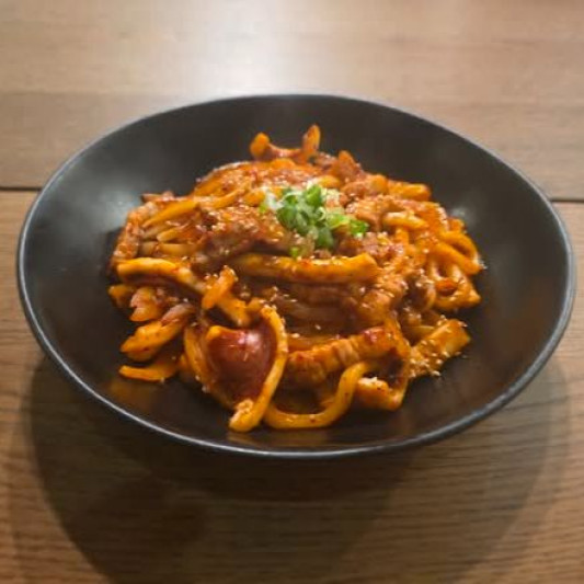 Spicy Stir-Fried Squid and Pork Belly Udon