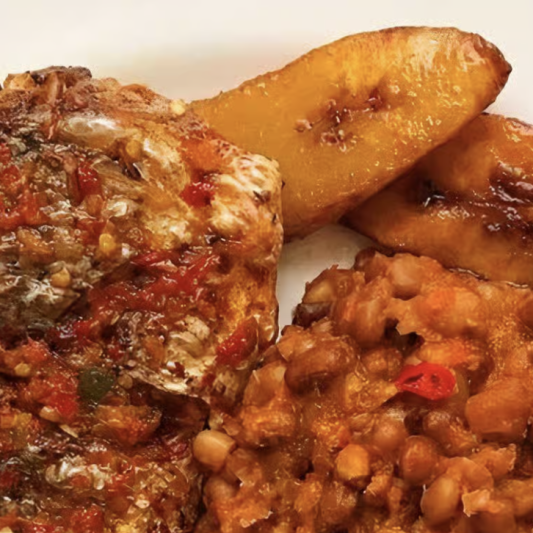 Fried Fish with Beans Porridge and Fried Plantain