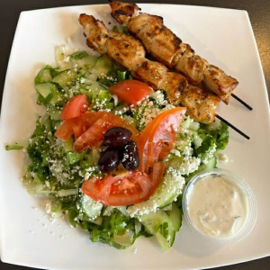 Chicken Souvlaki on Greek Salad