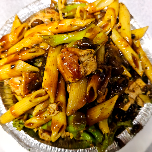 Grilled Chicken with Stir-Fried Sauce over Pasta