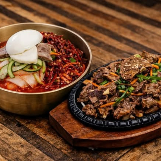 Spicy Noodles with Raw Fish + Bulgogi BBQ / 회냉면+ 불고기