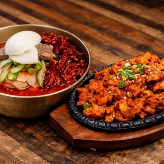 Spicy Noodles with Raw Fish + Spicy Pork BBQ / 회냉면 + 제육