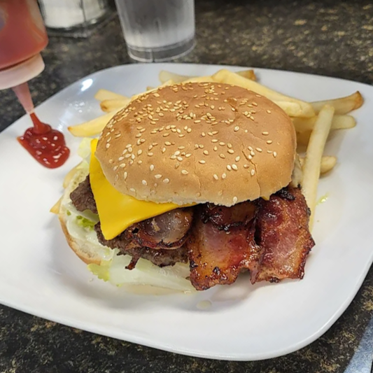 75. Mushroom & Bacon Cheeseburger