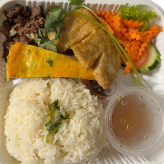 29. Rice Plate with Shredded Pork Skin, Egg Meatloaf, Grilled Meat, Bean Curd Wrapped Shrimp & Egg Cơm B&igrave; Chả, Thịt Nướng, T&agrave;u Hũ Ky, Trứng