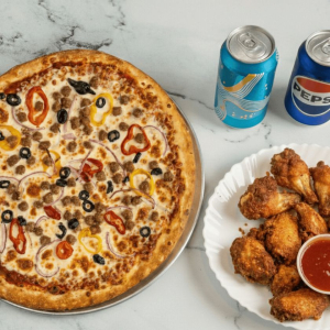 Medium Pizza + Chicken Wings + 2 Drinks