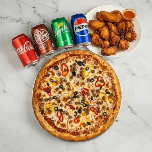 X-Large Pizza + Wings (15 pcs) + 4 Drinks