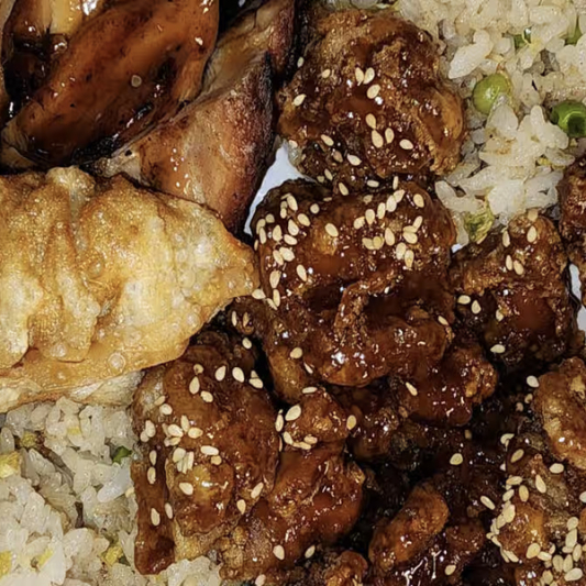 S6. Chicken Teriyaki & Sesame Chicken with Gyoza (2 pcs)