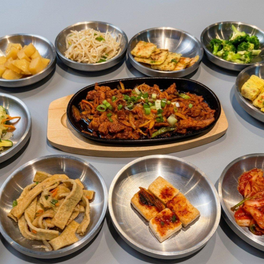 Baekban Set Spicy Pork (제육볶음) Includes 8 Side Dishes, Soup, and Rice