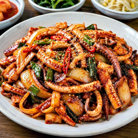 Spicy Stir-Fried Squid (오징어볶음) Includes 5 Side Dishes and Rice