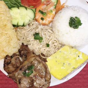 C22. Grilled Pork, Shredded Pork Skin, Egg Cake, Fried Shrimp Cake