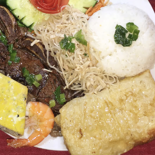 C25. Korean Short Rib, Shredded Pork Skin, Egg Cake, Fried Shrimp Cake