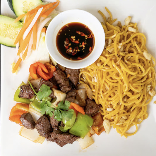C27. Sizzling Cube Steak Filet Mignon with Garlic Noodles